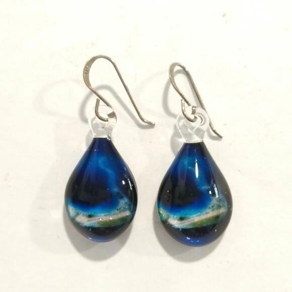 Sterling Silver 925 Ocean Beach Dangle Drop Earrings Blue Fused Glass Hook - Picture 5 of 9